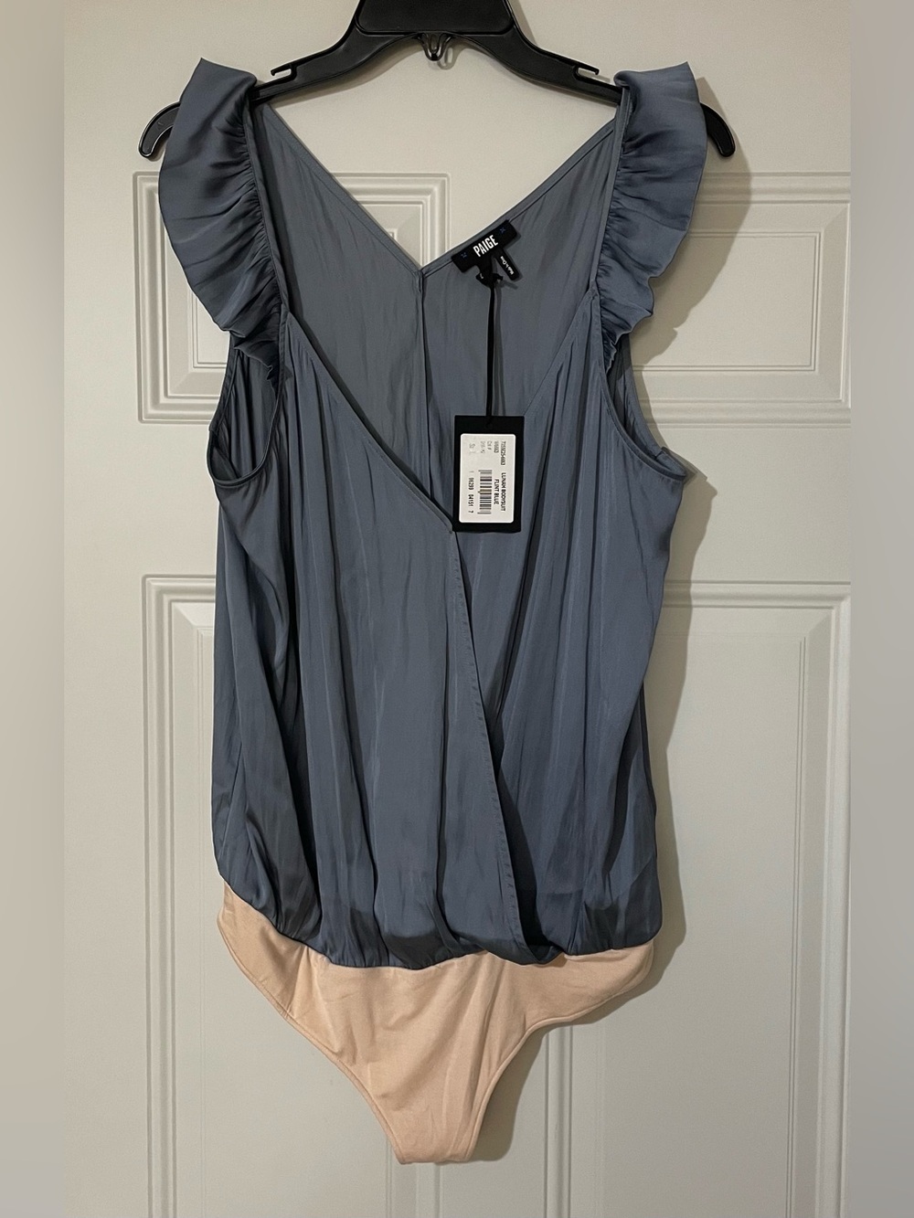PAIGE Lunah Bodysuit V-back Ruffled Cap Sleeve Blue Large Old Money Quiet Luxury - Picture 2 of 10